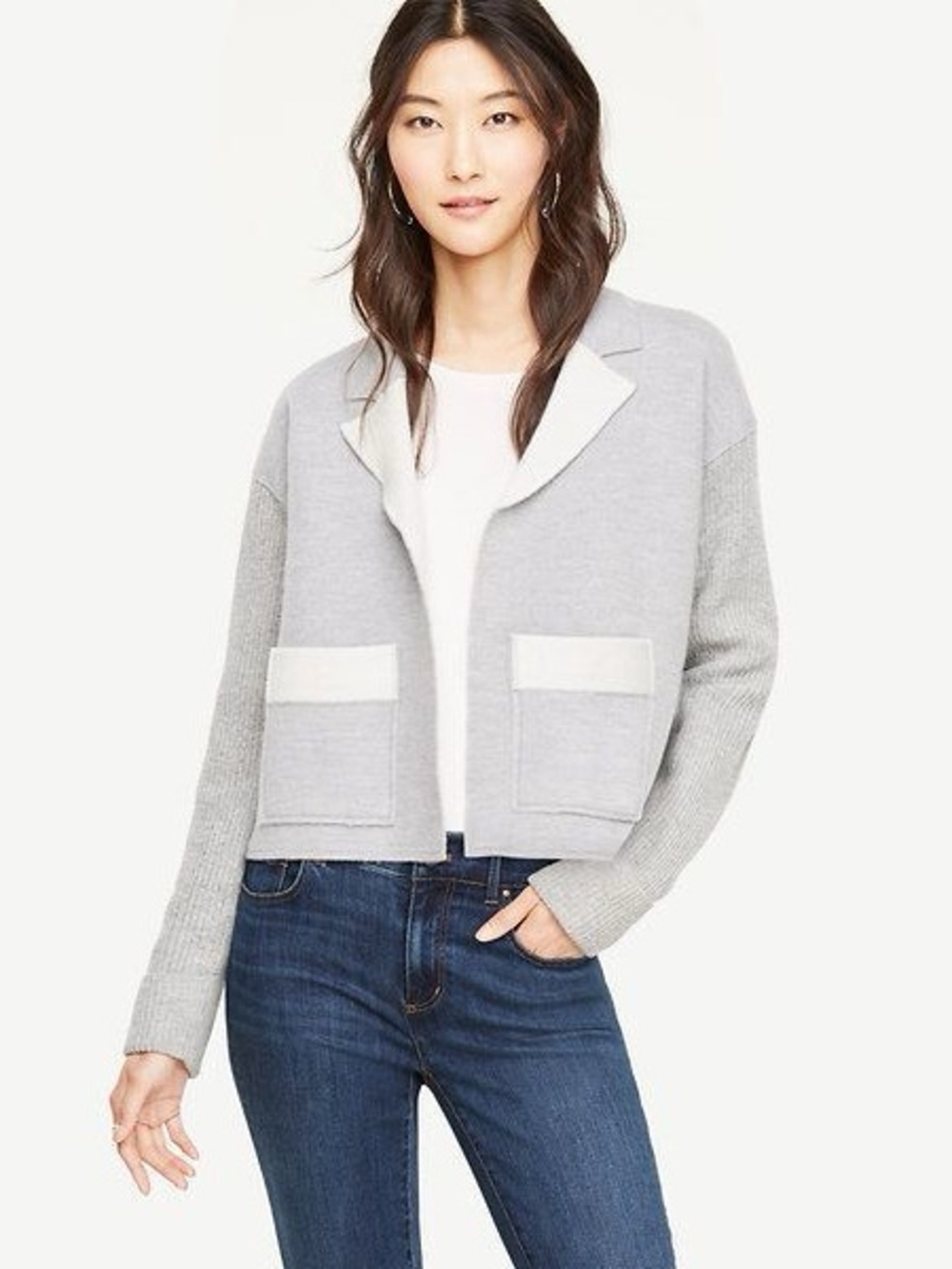Ann Taylor Merino Wool Knit Sleeve Cropped Chic Sweater Blazer Jacket